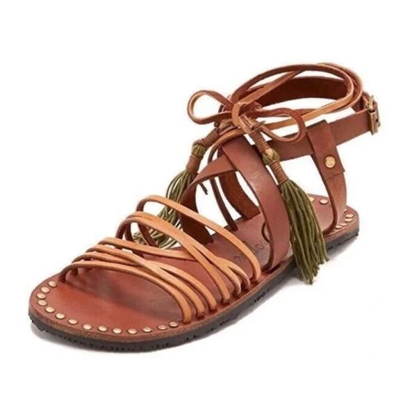 FREE PEOPLE Willow Wrap Sandals Leather Brown Tan Tassel Sz 39 / 8 - Picture 1 of 8